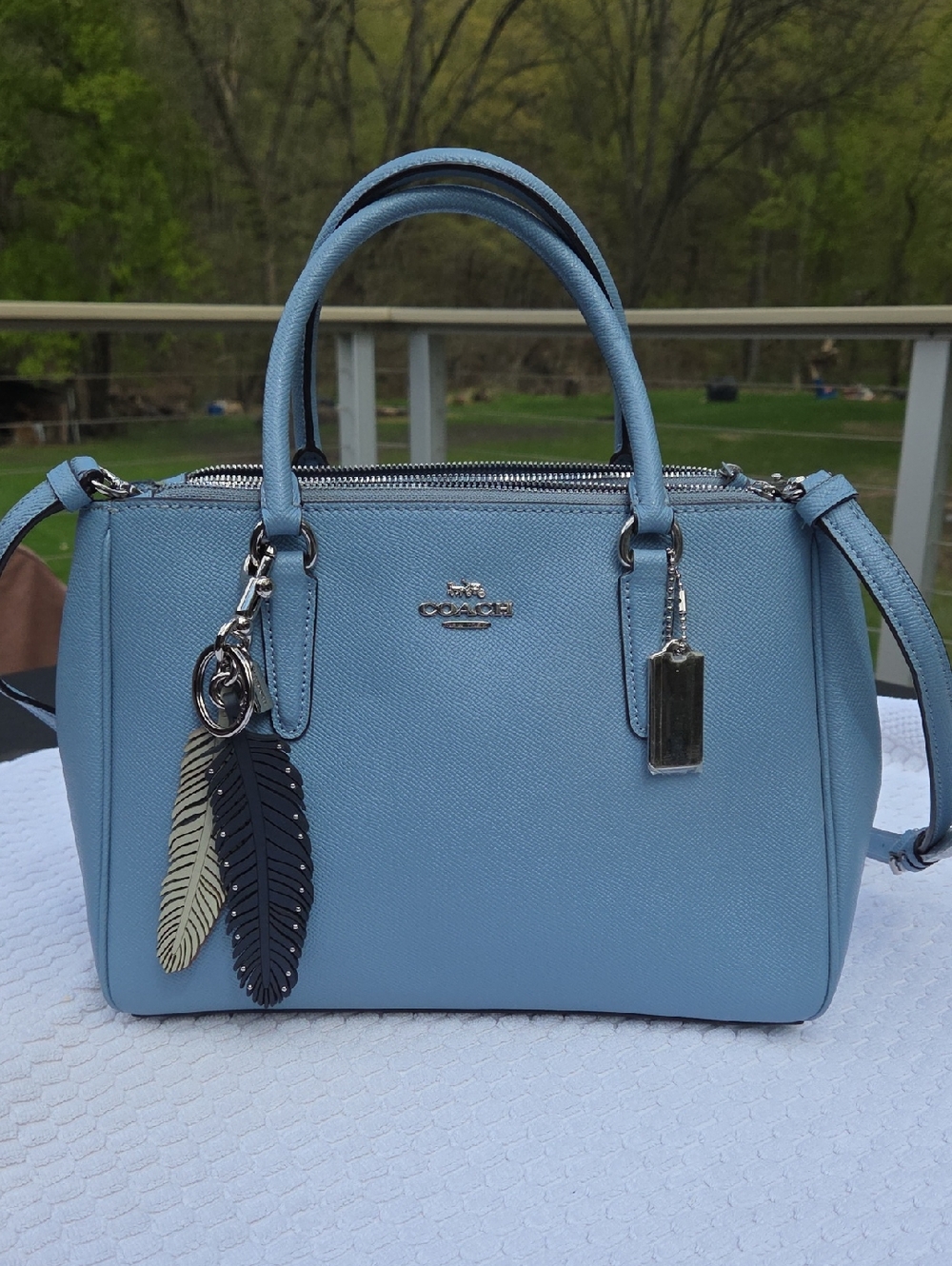 Coach Surrey Carryall Cornflower Blue Leather W Crossbody Strap & Silver Hrdwre